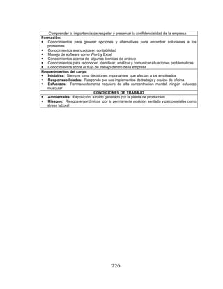 226
Comprender la importancia de respetar y preservar la confidencialidad de la empresa
Formación:
Conocimientos para generar opciones y alternativas para encontrar soluciones a los
problemas
Conocimientos avanzados en contabilidad
Manejo de software como Word y Excel
Conocimientos acerca de algunas técnicas de archivo
Conocimientos para reconocer, identificar, analizar y comunicar situaciones problemáticas
Conocimientos sobre el flujo de trabajo dentro de la empresa
Requerimientos del cargo:
Iniciativa: Siempre toma decisiones importantes que afectan a los empleados
Responsabilidades: Responde por sus implementos de trabajo y equipo de oficina
Esfuerzos: Permanentemente requiere de alta concentración mental, ningún esfuerzo
muscular
CONDICIONES DE TRABAJO
Ambientales: Exposición a ruido generado por la planta de producción
Riesgos: Riesgos ergonómicos por la permanente posición sentada y psicosociales como
stress laboral
 