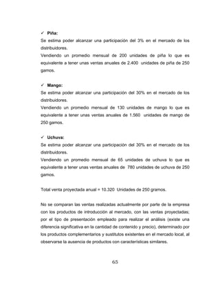 65
Piña:
Se estima poder alcanzar una participación del 3% en el mercado de los
distribuidores.
Vendiendo un promedio mensual de 200 unidades de piña lo que es
equivalente a tener unas ventas anuales de 2.400 unidades de piña de 250
gamos.
Mango:
Se estima poder alcanzar una participación del 30% en el mercado de los
distribuidores.
Vendiendo un promedio mensual de 130 unidades de mango lo que es
equivalente a tener unas ventas anuales de 1.560 unidades de mango de
250 gamos.
Uchuva:
Se estima poder alcanzar una participación del 30% en el mercado de los
distribuidores.
Vendiendo un promedio mensual de 65 unidades de uchuva lo que es
equivalente a tener unas ventas anuales de 780 unidades de uchuva de 250
gamos.
Total venta proyectada anual = 10.320 Unidades de 250 gramos.
No se comparan las ventas realizadas actualmente por parte de la empresa
con los productos de introducción al mercado, con las ventas proyectadas;
por el tipo de presentación empleado para realizar el análisis (existe una
diferencia significativa en la cantidad de contenido y precio), determinado por
los productos complementarios y sustitutos existentes en el mercado local, al
observarse la ausencia de productos con características similares.
 