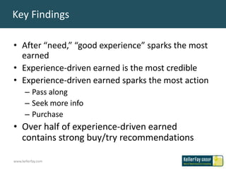 Key Findings

• After “need,” “good experience” sparks the most
  earned
• Experience-driven earned is the most credible
• Experience-driven earned sparks the most action
      – Pass along
      – Seek more info
      – Purchase
• Over half of experience-driven earned
  contains strong buy/try recommendations

www.kellerfay.com
 