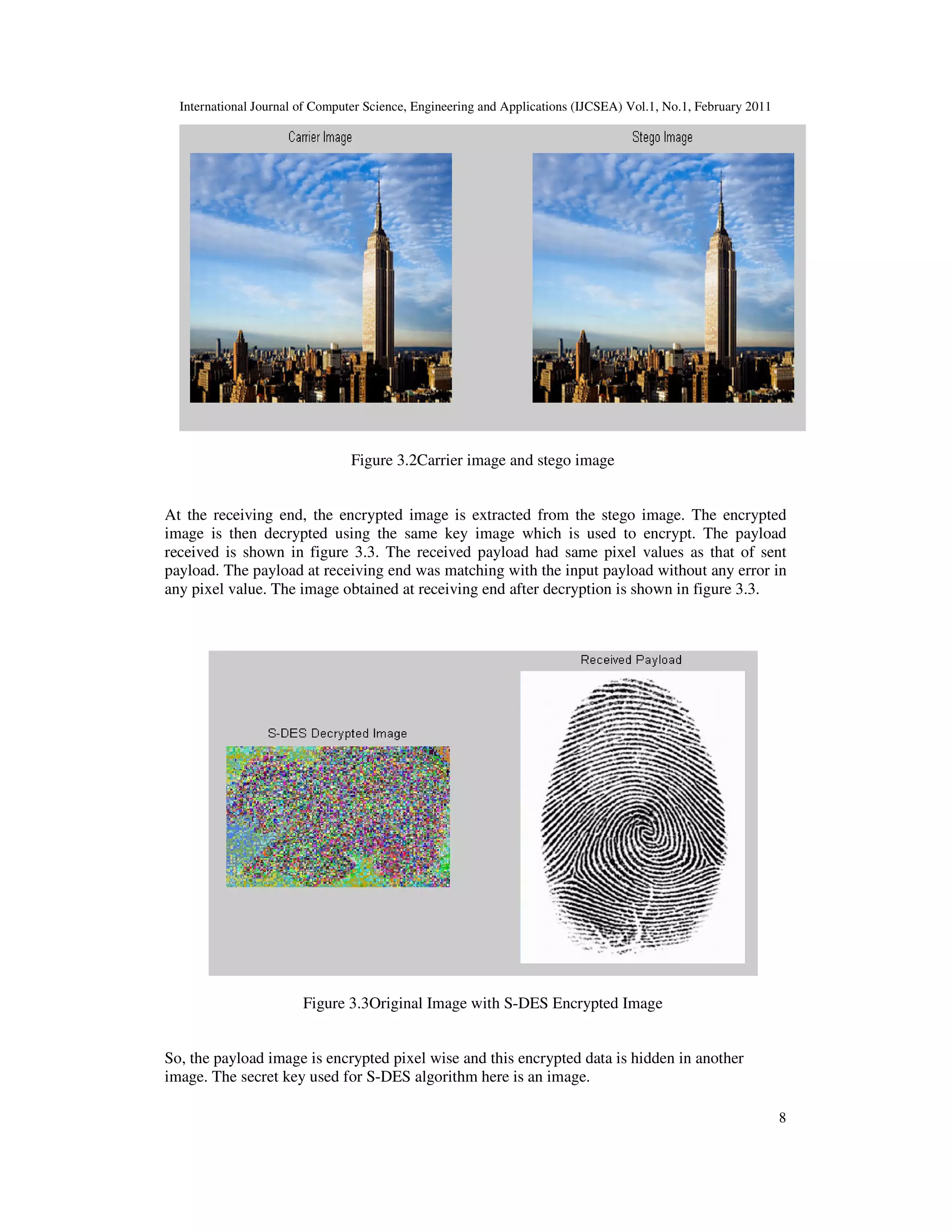 International Journal of Computer Science, Engineering and Applications (IJCSEA) Vol.1, No.1, February 2011
8
Figure 3.2Carrier image and stego image
At the receiving end, the encrypted image is extracted from the stego image. The encrypted
image is then decrypted using the same key image which is used to encrypt. The payload
received is shown in figure 3.3. The received payload had same pixel values as that of sent
payload. The payload at receiving end was matching with the input payload without any error in
any pixel value. The image obtained at receiving end after decryption is shown in figure 3.3.
Figure 3.3Original Image with S-DES Encrypted Image
So, the payload image is encrypted pixel wise and this encrypted data is hidden in another
image. The secret key used for S-DES algorithm here is an image.
 