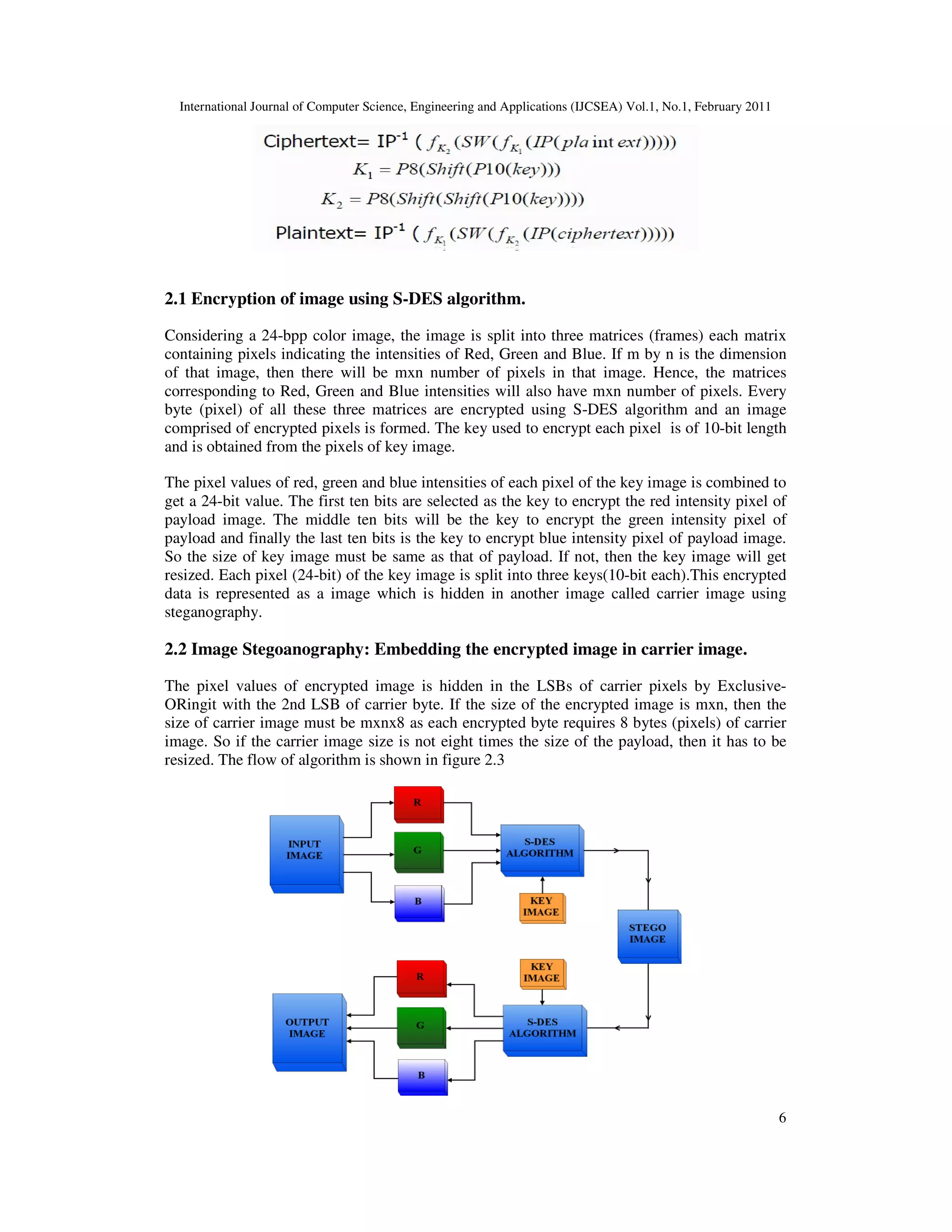 International Journal of Computer Science, Engineering and Applications (IJCSEA) Vol.1, No.1, February 2011
6
2.1 Encryption of image using S-DES algorithm.
Considering a 24-bpp color image, the image is split into three matrices (frames) each matrix
containing pixels indicating the intensities of Red, Green and Blue. If m by n is the dimension
of that image, then there will be mxn number of pixels in that image. Hence, the matrices
corresponding to Red, Green and Blue intensities will also have mxn number of pixels. Every
byte (pixel) of all these three matrices are encrypted using S-DES algorithm and an image
comprised of encrypted pixels is formed. The key used to encrypt each pixel is of 10-bit length
and is obtained from the pixels of key image.
The pixel values of red, green and blue intensities of each pixel of the key image is combined to
get a 24-bit value. The first ten bits are selected as the key to encrypt the red intensity pixel of
payload image. The middle ten bits will be the key to encrypt the green intensity pixel of
payload and finally the last ten bits is the key to encrypt blue intensity pixel of payload image.
So the size of key image must be same as that of payload. If not, then the key image will get
resized. Each pixel (24-bit) of the key image is split into three keys(10-bit each).This encrypted
data is represented as a image which is hidden in another image called carrier image using
steganography.
2.2 Image Stegoanography: Embedding the encrypted image in carrier image.
The pixel values of encrypted image is hidden in the LSBs of carrier pixels by Exclusive-
ORingit with the 2nd LSB of carrier byte. If the size of the encrypted image is mxn, then the
size of carrier image must be mxnx8 as each encrypted byte requires 8 bytes (pixels) of carrier
image. So if the carrier image size is not eight times the size of the payload, then it has to be
resized. The flow of algorithm is shown in figure 2.3
 