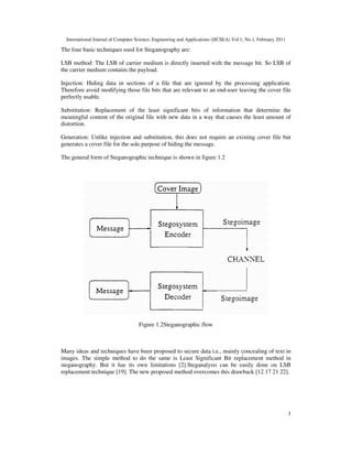 International Journal of Computer Science, Engineering and Applicat
The four basic techniques used for Steganography are:
LSB method: The LSB of carrier medium is directly inserted with the message bit.
the carrier medium contains the payload.
Injection: Hiding data in sections of a file that are ignored by the processing application.
Therefore avoid modifying those file bits that are relevant to an end
perfectly usable.
Substitution: Replacement of the least significant bits of information that determine the
meaningful content of the original file with new data in a way that causes the
distortion.
Generation: Unlike injection and substitution, this does not require an existing cover file but
generates a cover file for the sole purpose of hiding the message.
The general form of Steganographic technique is shown in figure
Many ideas and techniques have been proposed to secure data i.e., mainly concealing of text in
images. The simple method to do the same is Least Significant Bit replacement method in
steganography. But it has its own
replacement technique [19]. The new proposed method overcomes this drawback
International Journal of Computer Science, Engineering and Applications (IJCSEA) Vol.1, No.1, Febr
techniques used for Steganography are:
LSB method: The LSB of carrier medium is directly inserted with the message bit.
the carrier medium contains the payload.
Injection: Hiding data in sections of a file that are ignored by the processing application.
e file bits that are relevant to an end-user leaving the cover file
Substitution: Replacement of the least significant bits of information that determine the
meaningful content of the original file with new data in a way that causes the least amount of
Generation: Unlike injection and substitution, this does not require an existing cover file but
generates a cover file for the sole purpose of hiding the message.
The general form of Steganographic technique is shown in figure 1.2
Figure 1.2Steganographic flow
Many ideas and techniques have been proposed to secure data i.e., mainly concealing of text in
images. The simple method to do the same is Least Significant Bit replacement method in
steganography. But it has its own limitations [2].Steganalysis can be easily done on LSB
. The new proposed method overcomes this drawback [12
ions (IJCSEA) Vol.1, No.1, February 2011
3
LSB method: The LSB of carrier medium is directly inserted with the message bit. So LSB of
Injection: Hiding data in sections of a file that are ignored by the processing application.
user leaving the cover file
Substitution: Replacement of the least significant bits of information that determine the
least amount of
Generation: Unlike injection and substitution, this does not require an existing cover file but
Many ideas and techniques have been proposed to secure data i.e., mainly concealing of text in
images. The simple method to do the same is Least Significant Bit replacement method in
limitations [2].Steganalysis can be easily done on LSB
12 17 21 22].
 
