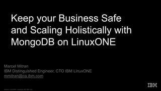 Keep your Business Safe
and Scaling Holistically with
MongoDB on LinuxONE
Marcel Mitran
IBM Distinguished Engineer, CTO IBM LinuxONE
mmitran@ca.ibm.com
Systems / LinuxONE / Copyright 2019 IBM Corp.
 