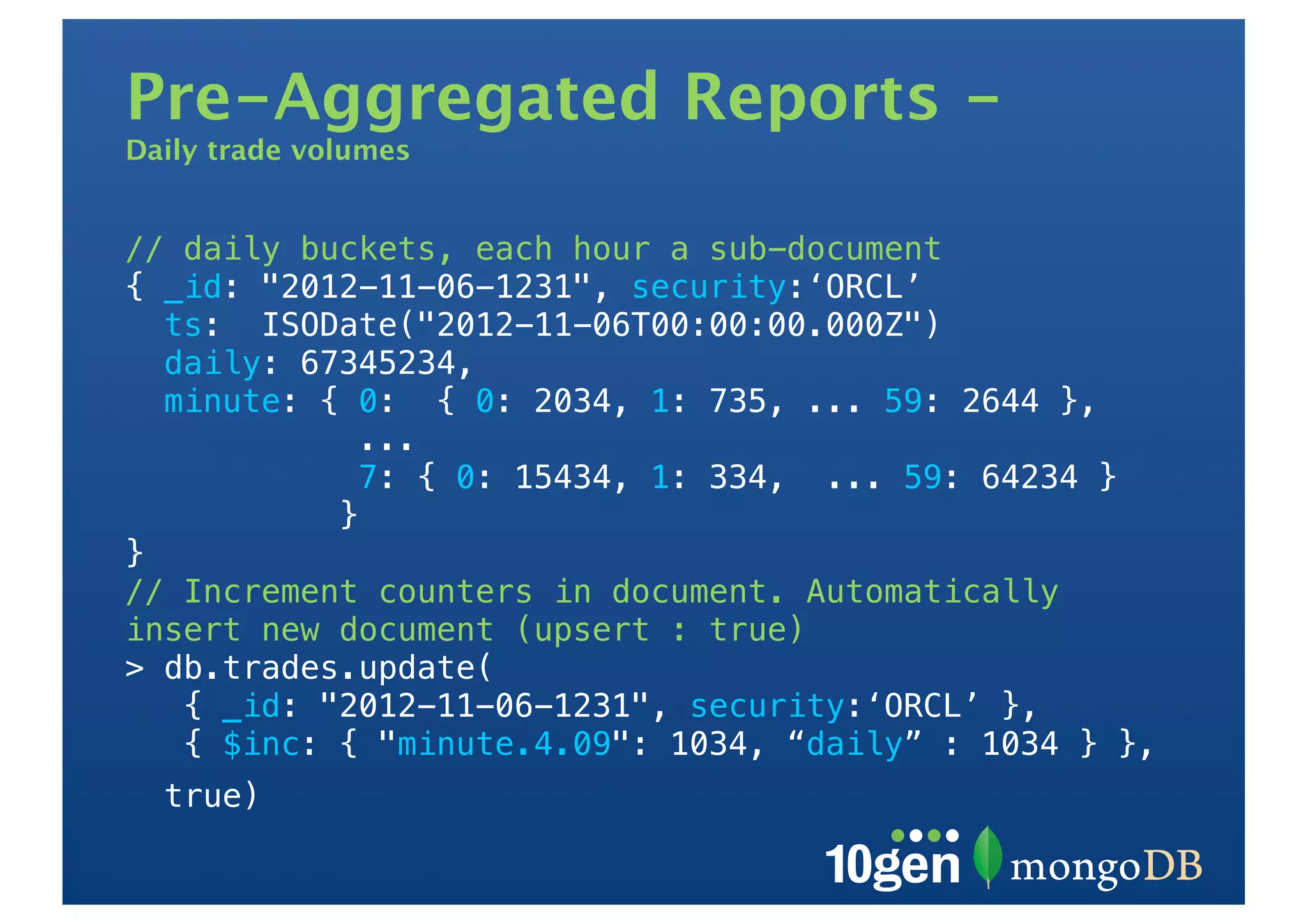 Pre-Aggregated Reports -
Daily trade volumes


// daily buckets, each hour a sub-document
{ _id: "2012-11-06-1231", security:‘ORCL’
  ts: ISODate("2012-11-06T00:00:00.000Z")
  daily: 67345234,
  minute: { 0: { 0: 2034, 1: 735, ... 59: 2644 },
             ...
            7: { 0: 15434, 1: 334, ... 59: 64234 }
           }
}
// Increment counters in document. Automatically
insert new document (upsert : true)
> db.trades.update(
   { _id: "2012-11-06-1231", security:‘ORCL’ },
   { $inc: { "minute.4.09": 1034, “daily” : 1034 } },
  true)
 