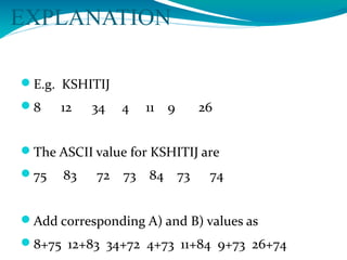 EXPLANATION
E.g. KSHITIJ
8 12 34 4 11 9 26
The ASCII value for KSHITIJ are
75 83 72 73 84 73 74
Add corresponding A) and B) values as
8+75 12+83 34+72 4+73 11+84 9+73 26+74
 