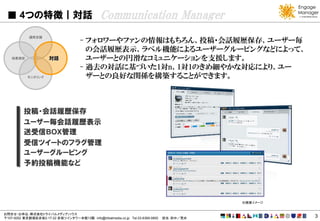 4つの特徴｜対話                                 Communication Manager
            運用支援
                                      - フォロワーやファンの情報はもちろん、投稿・会話履歴保存、ユーザー毎
                                        の会話履歴表示、ラベル機能によるユーザーグルーピングなどによって、
   効果測定               対話                ユーザーとの円滑なコミュニケーションを支援します。
                                      - 過去の対話に基づいた1対n、1対1のきめ細やかな対応により、ユー
           モニタリング                       ザーとの良好な関係を構築することができます。



          投稿・会話履歴保存
          ユーザー毎会話履歴表示
          送受信BOX管理
          受信ツイートのフラグ管理
          ユーザーグルーピング
          予約投稿機能など




                                                                                            ※画面イメージ


お問合せ・お申込：株式会社トライバルメディアハウス
〒107-0052 東京都港区赤坂2-17-22 赤坂ツインタワー本館13階 info@tribalmedia.co.jp Tel.03-6369-0800   担当：田中／荒井             3
 