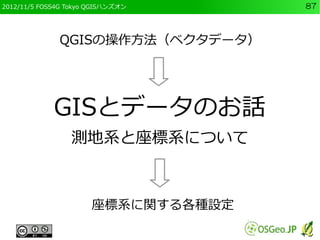 2012/11/5 FOSS4G Tokyo QGISハンズオン     87



              QGISの操作方法（ベクタデータ）




             GISとデータのお話
                 測地...