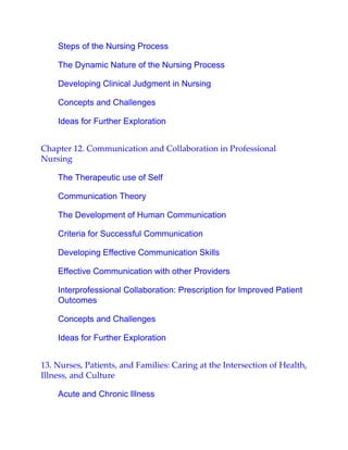 Steps of the Nursing Process
The Dynamic Nature of the Nursing Process
Developing Clinical Judgment in Nursing
Concepts and Challenges
Ideas for Further Exploration
Chapter 12. Communication and Collaboration in Professional
Nursing
The Therapeutic use of Self
Communication Theory
The Development of Human Communication
Criteria for Successful Communication
Developing Effective Communication Skills
Effective Communication with other Providers
Interprofessional Collaboration: Prescription for Improved Patient
Outcomes
Concepts and Challenges
Ideas for Further Exploration
13. Nurses, Patients, and Families: Caring at the Intersection of Health,
Illness, and Culture
Acute and Chronic Illness
 