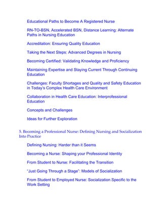 Educational Paths to Become A Registered Nurse
RN-TO-BSN, Accelerated BSN, Distance Learning: Alternate
Paths in Nursing Education
Accreditation: Ensuring Quality Education
Taking the Next Steps: Advanced Degrees in Nursing
Becoming Certified: Validating Knowledge and Proficiency
Maintaining Expertise and Staying Current Through Continuing
Education
Challenges: Faculty Shortages and Quality and Safety Education
in Today’s Complex Health Care Environment
Collaboration in Health Care Education: Interprofessional
Education
Concepts and Challenges
Ideas for Further Exploration
5. Becoming a Professional Nurse: Defining Nursing and Socialization
Into Practice
Defining Nursing: Harder than it Seems
Becoming a Nurse: Shaping your Professional Identity
From Student to Nurse: Facilitating the Transition
“Just Going Through a Stage”: Models of Socialization
From Student to Employed Nurse: Socialization Specific to the
Work Setting
 
