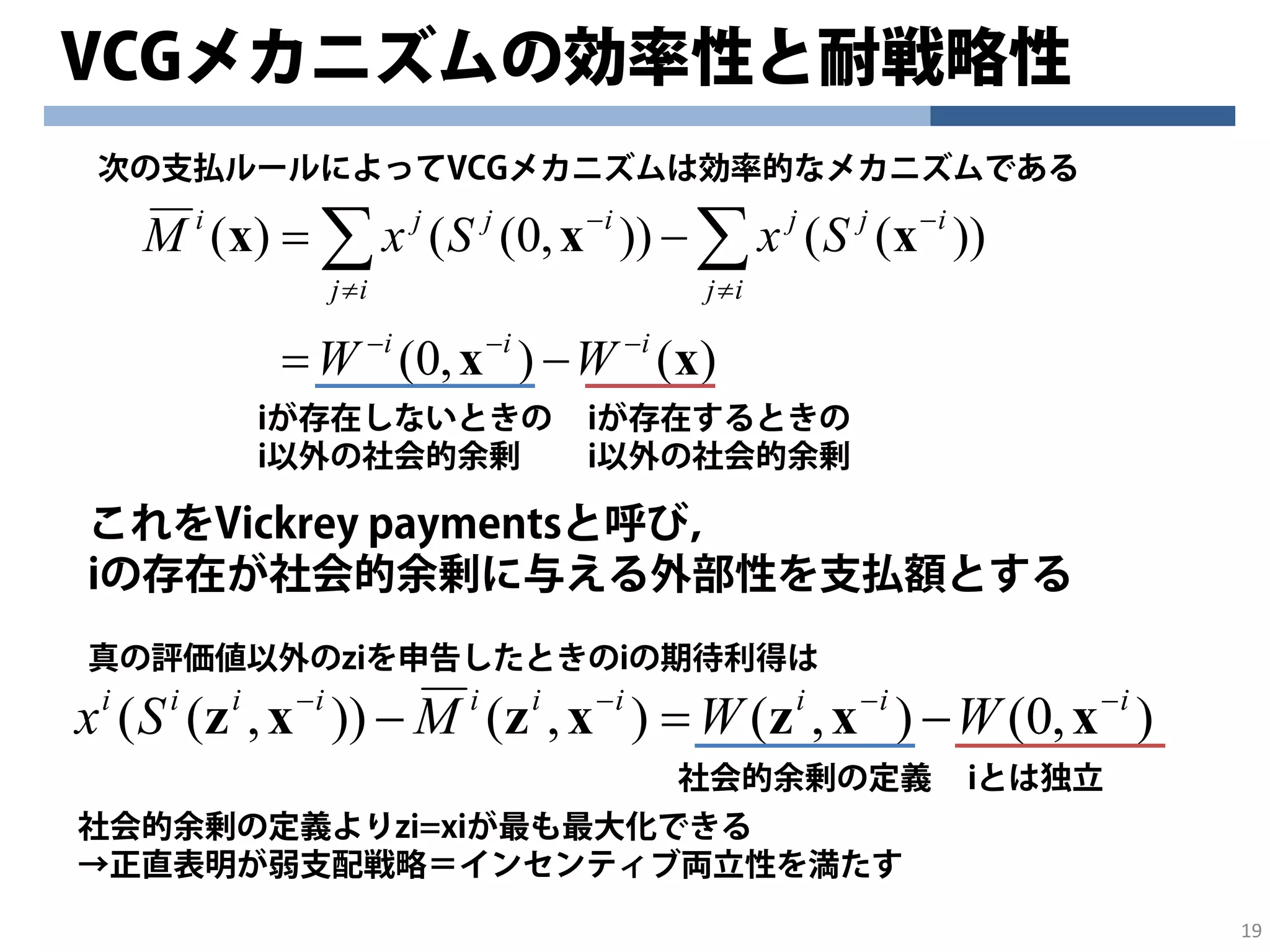 VCGメカニズムの効率性と耐戦略性
19
次の支払ルールによってVCGメカニズムは効率的なメカニズムである
iが存在しないときの
i以外の社会的余剰
これをVickrey paymentsと呼び，
iの存在が社会的余剰に与える外部性を支払額とする
)(),0(
))(()),0(()(
xx
xxx
iii
ij
ijj
ij
ijji
WW
SxSxM
−−−
≠
−
≠
−
−=
−= ∑∑
iが存在するときの
i以外の社会的余剰
真の評価値以外のziを申告したときのiの期待利得は
),0(),(),()),(( iiiiiiiiii
WWMSx −−−−
−=− xxzxzxz
iとは独立社会的余剰の定義
社会的余剰の定義よりzi=xiが最も最大化できる
→正直表明が弱支配戦略＝インセンティブ両立性を満たす
 