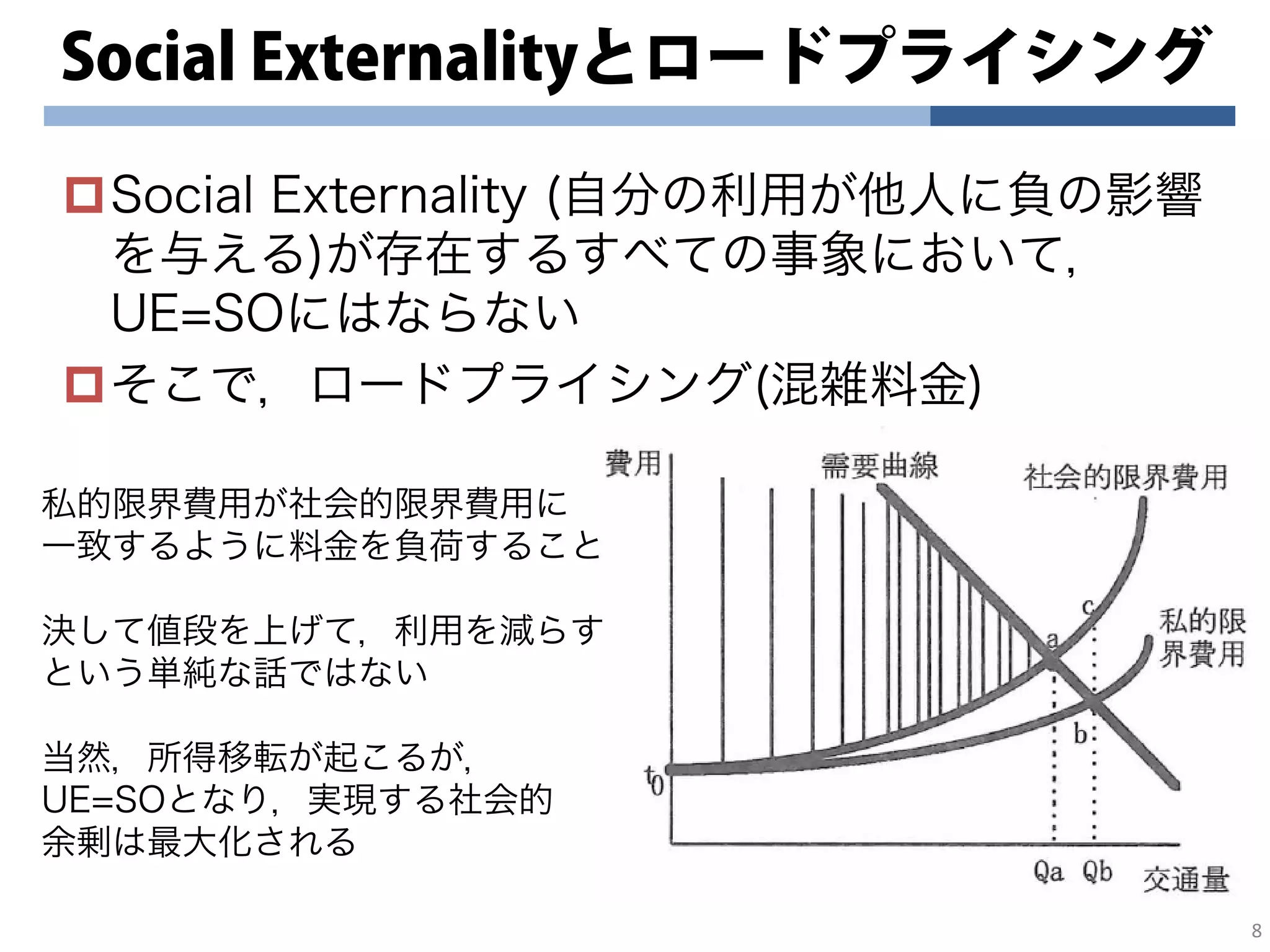 Social Externalityとロードプライシング
Social Externality (自分の利用が他人に負の影響
を与える)が存在するすべての事象において，
UE=SOにはならない
そこで，ロードプライシング(混雑料金)
8
私的限界費用が社会的限界費用に
一致するように料金を負荷すること
決して値段を上げて，利用を減らす
という単純な話ではない
当然，所得移転が起こるが，
UE=SOとなり，実現する社会的
余剰は最大化される
 