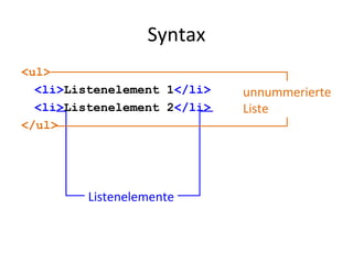 Syntax <ul> <li> Listenelement 1 </li> <li> Listenelement 2 </li> </ul> unnummerierte Liste Listenelemente 