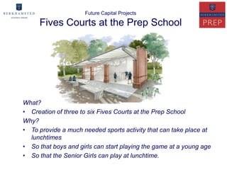Future Capital Projects

     Fives Courts at the Prep School




What?
• Creation of three to six Fives Courts at the Prep School
Why?
• To provide a much needed sports activity that can take place at
  lunchtimes
• So that boys and girls can start playing the game at a young age
• So that the Senior Girls can play at lunchtime.
 