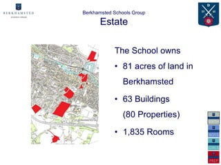 Berkhamsted Schools Group

      Estate

            The School owns
            • 81 acres of land in
                Berkhamsted

            • 63 Buildings
                (80 Properties)

            • 1,835 Rooms
 