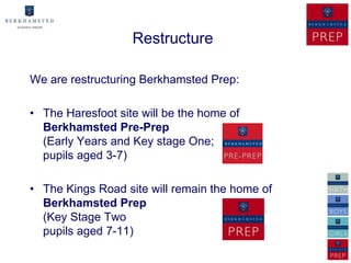 Restructure

We are restructuring Berkhamsted Prep:

• The Haresfoot site will be the home of
  Berkhamsted Pre-Prep
  (Early Years and Key stage One;
  pupils aged 3-7)

• The Kings Road site will remain the home of
  Berkhamsted Prep
  (Key Stage Two
  pupils aged 7-11)
 