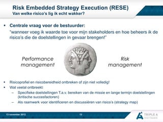 Risk Embedded Strategy Execution (RESE)
Van welke risico’s lig ik echt wakker?

 Centrale vraag voor de bestuurder:
“wanneer voeg ik waarde toe voor mijn stakeholders en hoe beheers ik de
risico’s die de doelstellingen in gevaar brengen!”

Performance
management




Risk
management

Risicoprofiel en risicobereidheid ontbreken of zijn niet volledig!
Wat veelal ontbreekt:
– Specifieke doelstellingen T.a.v. bereiken van de missie en lange termijn doelstellingen
(kritische succesfactoren)
– Als raamwerk voor identificeren en discussiëren van risico’s (strategy map)
www.aaa-riskfinance.com
13 november 2012

13

 