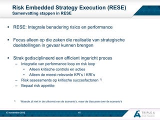 Risk Embedded Strategy Execution (RESE)
Samenvatting stappen in RESE

 RESE: Integrale benadering risico en performance
 Focus alleen op die zaken die realisatie van strategische
doelstellingen in gevaar kunnen brengen
 Strak gedisciplineerd een efficient ingericht proces
–

–
–

1)

Integratie van performance loop en risk loop
• Alleen kritische controls en acties
• Alleen de meest relevante KPI’s / KRI’s
Risk assessments op kritische succesfactoren 1)
Bepaal risk appetite

Waarde zit niet in de uitkomst van de scenario’s, maar de discussie over de scenario’s

13 november 2012

15

 