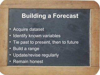 Building a Forecast
• Acquire dataset
• Identify known variables
• Tie past to present, then to future
• Build a range
• Update/revise regularly
• Remain honest
 