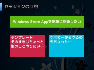 セッションの目的


  Windows Store Appを簡単に開発したい



 テンプレート         すべて一からやるの
 そのままはちょっと      もちょっと…
 別のことやりたい…
 