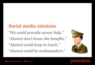 Social media missions
  “We could provide career help.”
 Tactic 1: SEO
  “Alumni don’t know the benefits.”
  “Alumni could...