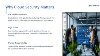 Why Cloud Security Matters
The Modern Dilemma
Cloud adoption fuels speed and scale, but significantly expands the
attack surface — making security a strategic priority from day one.
High Stakes
Data breaches, regulatory fines, and reputational damage can
devastate a business overnight. Prevention is far less costly than
recovery.
Shared Responsibility
Understanding where the provider's duty ends and yours begins is
the foundation of true cloud resilience.
 