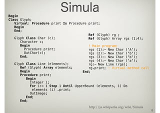 8
Begin
Class Glyph;
Virtual: Procedure print Is Procedure print;
Begin
End;
Glyph Class Char (c);
Character c;
Begin
Procedure print;
OutChar(c);
End;
Glyph Class Line (elements);
Ref (Glyph) Array elements;
Begin
Procedure print;
Begin
Integer i;
For i:= 1 Step 1 Until UpperBound (elements, 1) Do
elements (i) .print;
OutImage;
End;
End;
Ref (Glyph) rg ;
Ref (Glyph) Array rgs (1:4);
! Main program;
rgs (1):- New Char ('A');
rgs (2):- New Char ('b');
rgs (3):- New Char ('b');
rgs (4):- New Char ('a');
rg:- New Line (rgs);
rg.print; ! Virtual method call
End;
Simula
http://ja.wikipedia.org/wiki/Simula
 