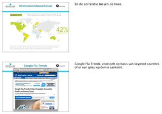 En de correlatie tussen de twee.




Google Flu Trends, voorspelt op basis van keyword searches
of er een griep epidemie aankomt.
 