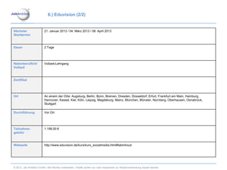 6.) Eduvision (2/2)


Nächster                 21. Januar 2013 / 04. März 2013 / 08. April 2013
Starttermin


Dauer                    2 Tage




Nebenberuflich/          Vollzeit-Lehrgang
Vollzeit


Zertifikat




Ort                      An einem der Orte: Augsburg, Berlin, Bonn, Bremen, Dresden, Düsseldorf, Erfurt, Frankfurt am Main, Hamburg,
                         Hannover, Kassel, Kiel, Köln, Leipzig, Magdeburg, Mainz, München, Münster, Nürnberg, Oberhausen, Osnabrück,
                         Stuttgart

Durchführung             Vor Ort




Teilnahme-               1.199,00 €
gebühr


Webseite                 http://www.eduvision.de/kurs/kurs_socialmedia.html#tabinhoud




© 2012. Job Ambition GmbH. Alle Rechte vorbehalten. Inhalte dürfen nur nach Absprache zur Wiederverwendung kopiert werden.
 