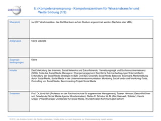 8.) Kompetenzvorsprung - Kompetenzzentrum für Wissenstransfer und
                                Weiterbildung (1/2)


Übersicht                nur 20 Teilnahmeplätze, das Zertifikat kann auf ein Studium angerechnet werden (Bachelor oder MBA)




Zielgruppe               Keine spezielle




Zugangs-                 Keine
bedingungen


Inhalte                  Die Entwicklung des Internets, Social Networks und Zukunftstrends, Vernetzungslogik und Suchmaschinenrelevanz
                         (SEO), Rolle des Social Media Managers / Changemanagement, Rechtliche Rahmenbedingungen/ Internet-Recht,
                         Entwicklung der Social Media Strategie im B2B- und B2C-Geschäft, Social Media Balanced Scorecard, Markenbildung
                         durch Social Media, Social Media in der Unternehmenskommunikation, Monitoring Social Media und Monitoring-Tools,
                         Controlling von Social Media, Benchmarking-Projekt Social Media




Dozenten                 Prof. Dr. Arnd Kah (Professor an der Fachhochschule für angewandtes Management), Torsten Heinson (Geschäftsführer
                         und Gründer der Social Media Agentur Wunderknaben), Stefan C. Schicker LL.M. (Rechtsanwalt, Solicitor), Henrik
                         Greger (Projektmanager und Berater für Social Media, Wunderknaben Kommunikation GmbH)




© 2012. Job Ambition GmbH. Alle Rechte vorbehalten. Inhalte dürfen nur nach Absprache zur Wiederverwendung kopiert werden.
 