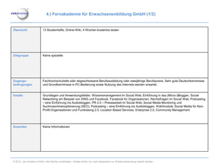 4.) Fernakademie für Erwachsenenbildung GmbH (1/2)


Übersicht                13 Studienhefte, Online-Wiki, 4 Wochen kostenlos testen




Zielgruppe               Keine spezielle




Zugangs-                 Fachhochschulreife oder abgeschlossene Berufsausbildung oder zweijährige Berufspraxis. Sehr gute Deutschkenntnisse
bedingungen              und Grundkenntnisse in PC-Bedienung sowie Nutzung des Internets werden erwartet.


Inhalte                  Grundlagen und Anwendungsfelder, Wissensmanagement im Social Web, Einführung in das (Micro-)Bloggen, Social
                         Networking am Beispiel von XING und Facebook, Facebook für Organisationen, Rechtsfragen im Social Web, Podcasting
                         – eine Einführung ins Audiobloggen, PR 2.0 – Pressearbeit im Social Web, Social Media Monitoring und
                         Suchmaschinenoptimierung (SEO), Podcasting – eine Einführung ins Audiobloggen, Wahlmodule: Social Media für Non-
                         Profit-Organisationen und Fundraising 2.0, Location Based Services, Enterprise 2.0, Community Management




Dozenten                 Keine Informationen




© 2012. Job Ambition GmbH. Alle Rechte vorbehalten. Inhalte dürfen nur nach Absprache zur Wiederverwendung kopiert werden.
 
