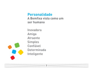 Personalidade
A Bemfixa vista como um
ser humano

Inovadora
Amiga
Atraente
Simples
Confiável
Determinada
Inteligente
 