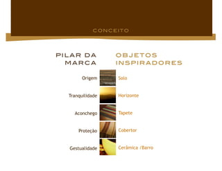 Origem    Solo


Tranquilidade   Horizonte


  Aconchego     Tapete


    Proteção    Cobertor


Gestualidade    Cerâmica /Barro
 