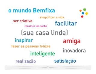 o mundo Bemfixa
                    simplificar a vida
 ser criativo
        construir um sonho
                               facilitar
     (sua casa linda)
  inspirar         amiga
fazer as pessoas felizes
                                     inovadora
            inteligente
  realização                  satisfação
 