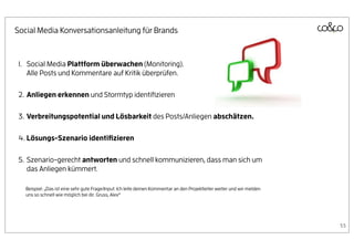 Social Media Konversationsanleitung für Brands



 1. Social Media Plattform überwachen (Monitoring).
    Alle Posts und Kommentare auf Kritik überprüfen.

 2. Anliegen erkennen und Stormtyp identiﬁzieren

 3. Verbreitungspotential und Lösbarkeit des Posts/Anliegen abschätzen.

 4. Lösungs-Szenario identiﬁzieren

 5. Szenario-gerecht antworten und schnell kommunizieren, dass man sich um
    das Anliegen kümmert.

   Beispiel: „Das ist eine sehr gute Frage/Input. Ich leite deinen Kommentar an den Projektleiter weiter und wir melden
   uns so schnell wie möglich bei dir. Gruss, Alex“




                                                                                                                          55
 
