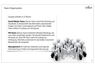 Team-Organisation


    Gruppe aufteilen in 3 Teams:

    Social Media Team: Dieses Team macht die Postings auf
    Facebook. Es beobachtet alle Aktivitäten, beantwortet
    Fragen von Usern und reagieret auf Posts. Dem SoMe-
    Team stehen 2 Laptops zur Verfügung.

    PR-Team: Dieses Team erarbeitet oﬃzielle Wordings, die
    vom allen verwendet werden. Ihr bereitet Statements und
    Postings vor. Dem PR-Team steht ein Laptop zur
    Verfügung. Allenfalls unterstützt ihr die SoMe-Crew beim
    Beobachten der Angreifer.

    Management: Ihr habt den Überblick und tragt die
    Verantwortung. Findet und organisiert die Lösung!




                                                               64
 