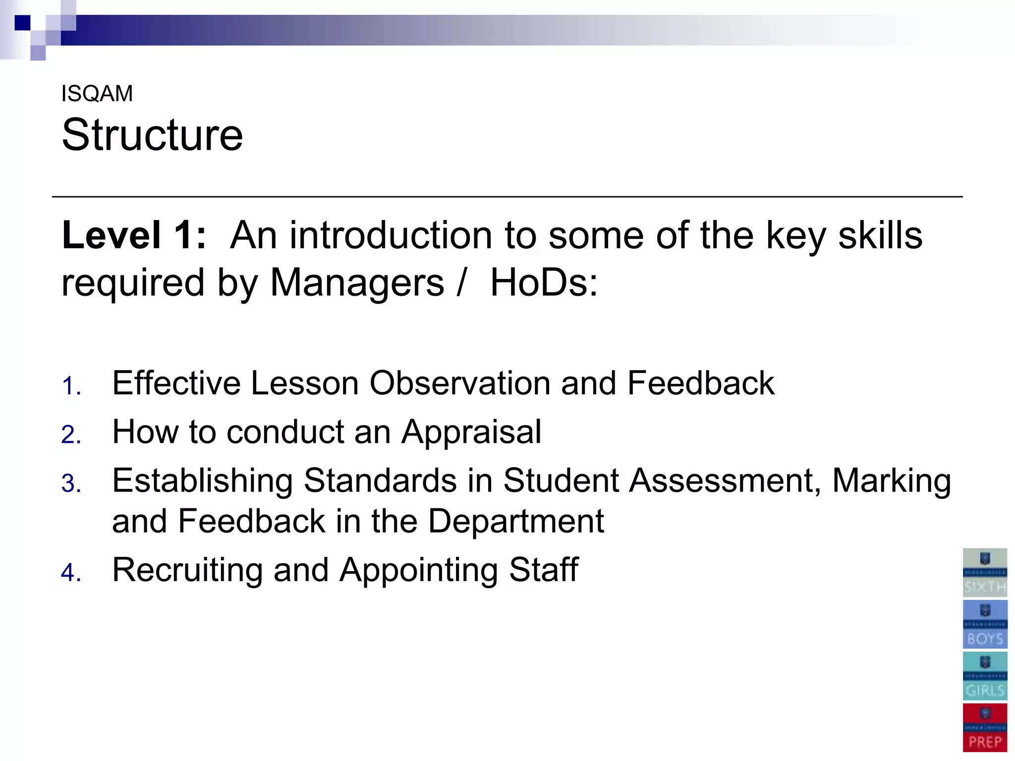 ISQAM

Structure

Level 1: An introduction to some of the key skills
required by Managers / HoDs:

1.   Effective Lesson Observation and Feedback
2.   How to conduct an Appraisal
3.   Establishing Standards in Student Assessment, Marking
     and Feedback in the Department
4.   Recruiting and Appointing Staff
 