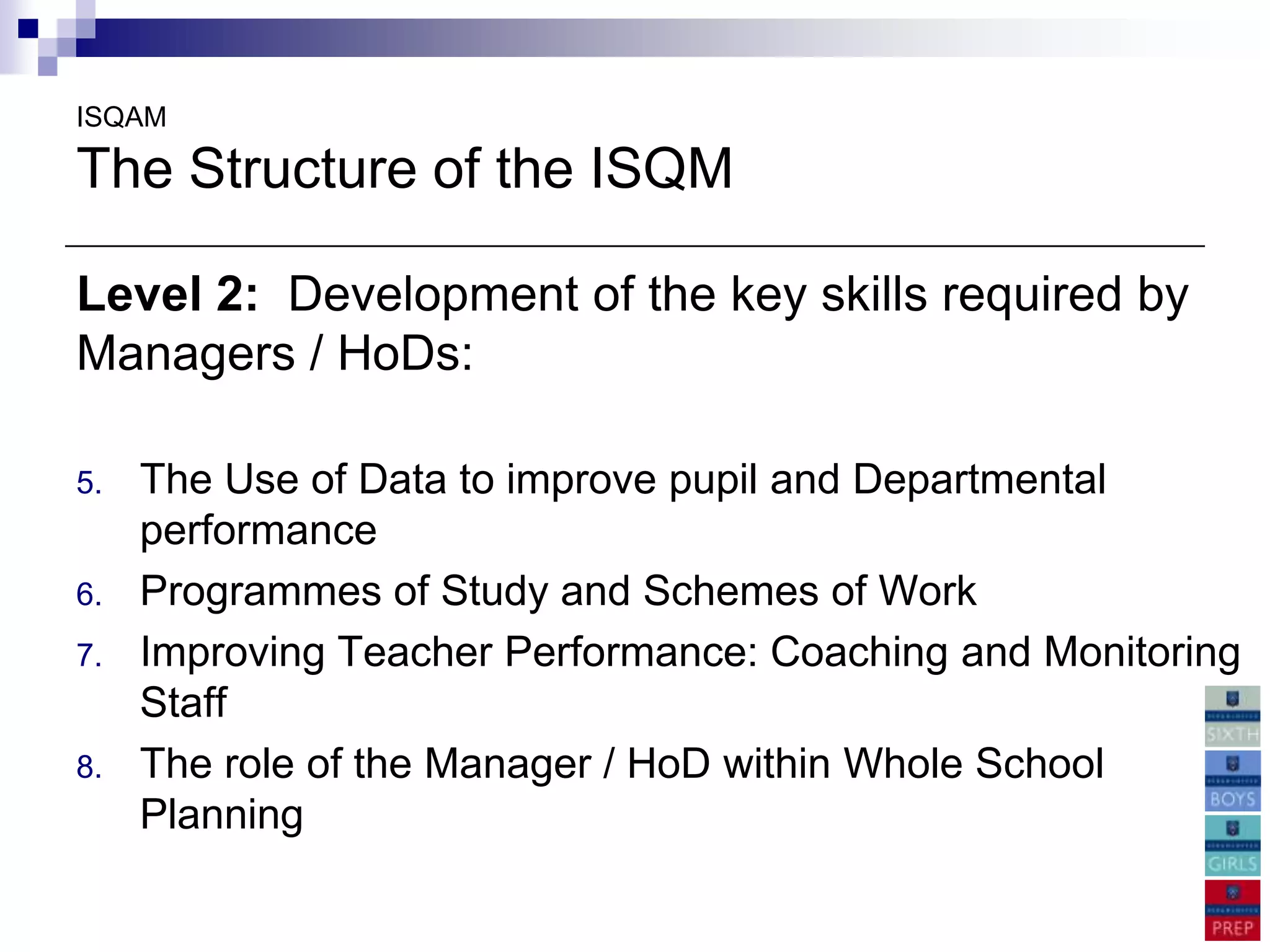 ISQAM

The Structure of the ISQM

Level 2: Development of the key skills required by
Managers / HoDs:

5.   The Use of Data to improve pupil and Departmental
     performance
6.   Programmes of Study and Schemes of Work
7.   Improving Teacher Performance: Coaching and Monitoring
     Staff
8.   The role of the Manager / HoD within Whole School
     Planning
 