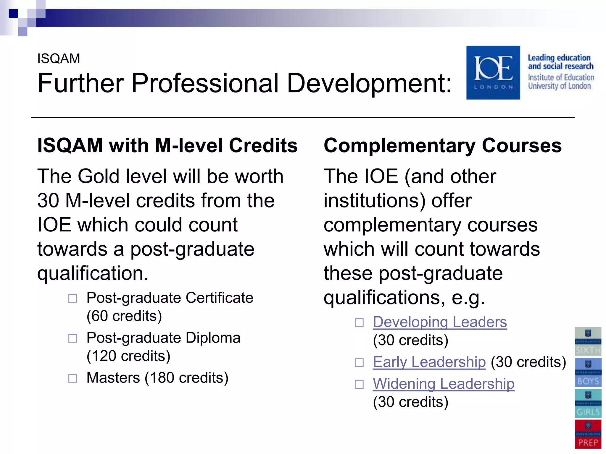 ISQAM

Further Professional Development:

ISQAM with M-level Credits       Complementary Courses
The Gold level will be worth     The IOE (and other
30 M-level credits from the      institutions) offer
IOE which could count            complementary courses
towards a post-graduate          which will count towards
qualification.                   these post-graduate
    Post-graduate Certificate   qualifications, e.g.
     (60 credits)                    Developing Leaders
    Post-graduate Diploma            (30 credits)
     (120 credits)                   Early Leadership (30 credits)
    Masters (180 credits)
                                     Widening Leadership
                                      (30 credits)
 
