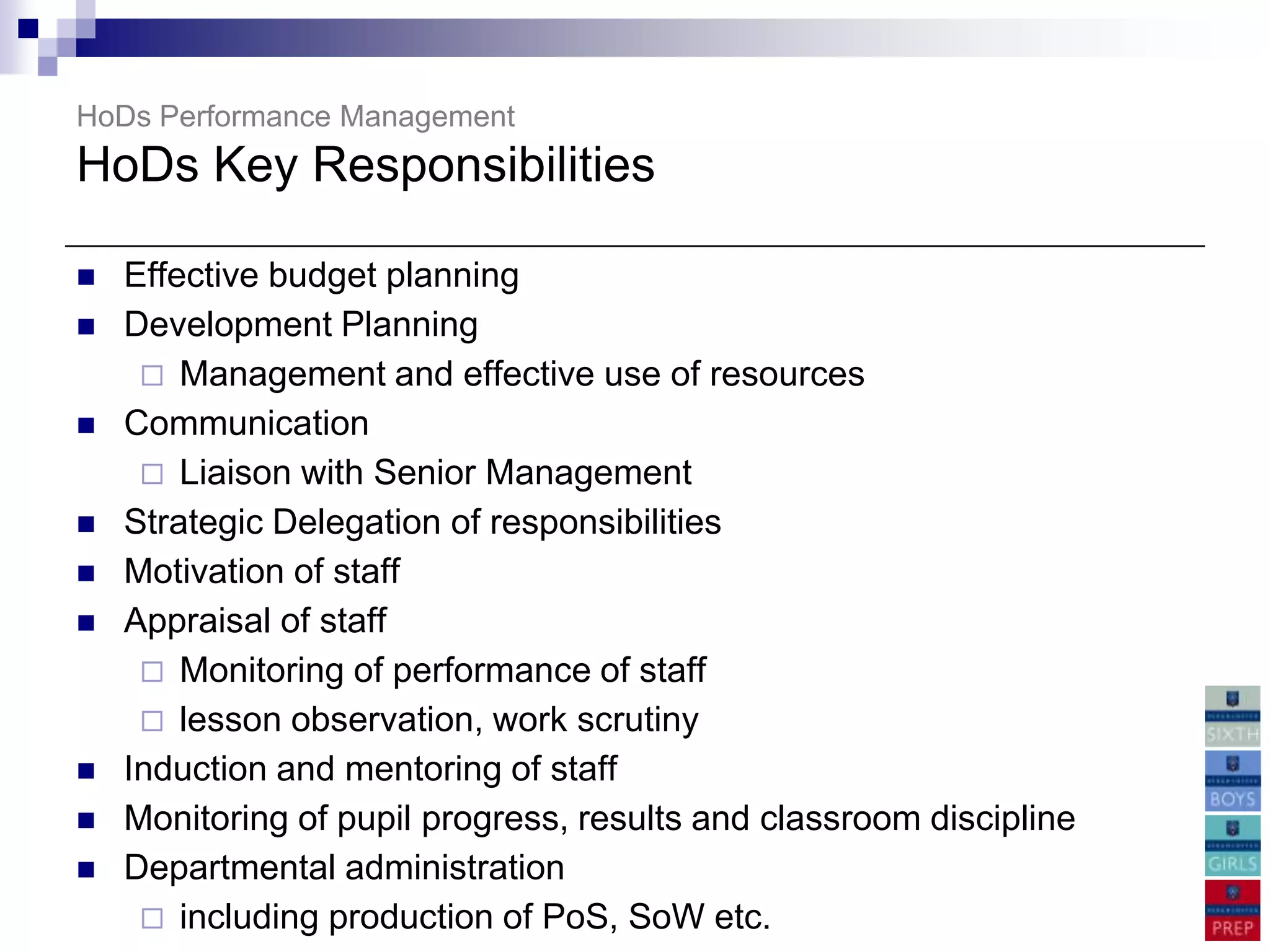HoDs Performance Management
HoDs Key Responsibilities

   Effective budget planning
   Development Planning
      Management and effective use of resources
   Communication
      Liaison with Senior Management
   Strategic Delegation of responsibilities
   Motivation of staff
   Appraisal of staff
      Monitoring of performance of staff
      lesson observation, work scrutiny
   Induction and mentoring of staff
   Monitoring of pupil progress, results and classroom discipline
   Departmental administration
      including production of PoS, SoW etc.
 
