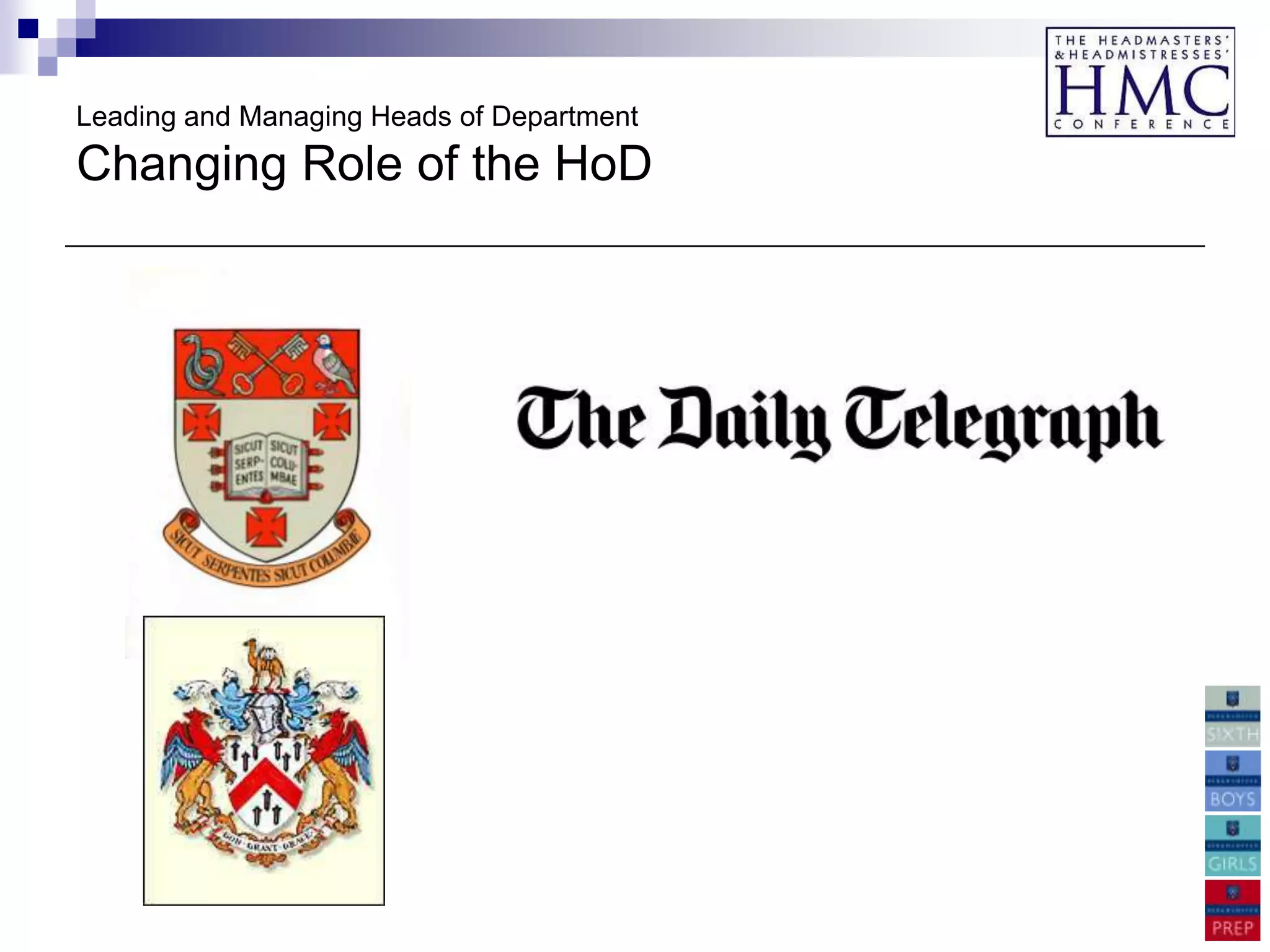 Leading and Managing Heads of Department
Changing Role of the HoD
 