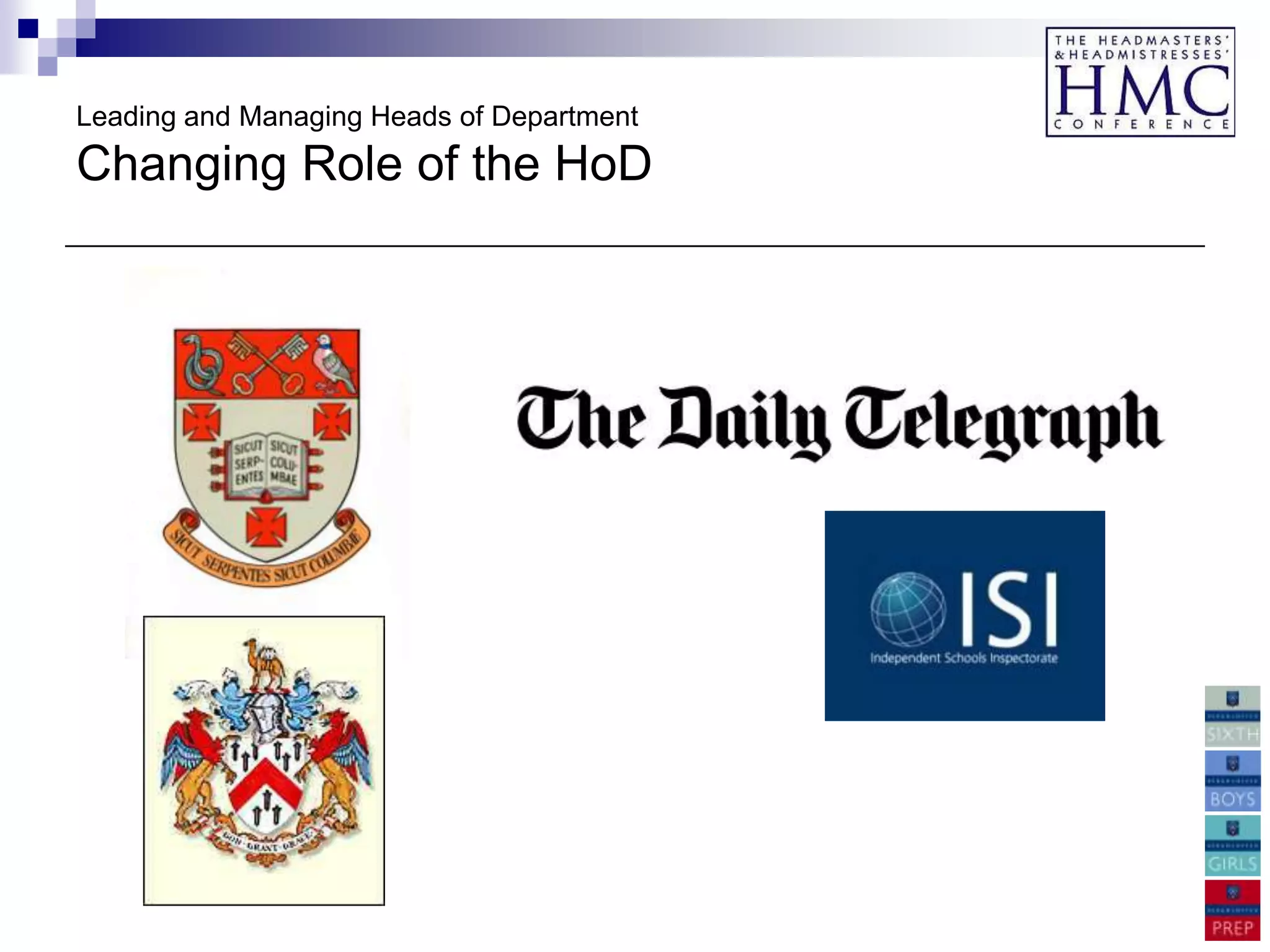 Leading and Managing Heads of Department
Changing Role of the HoD
 