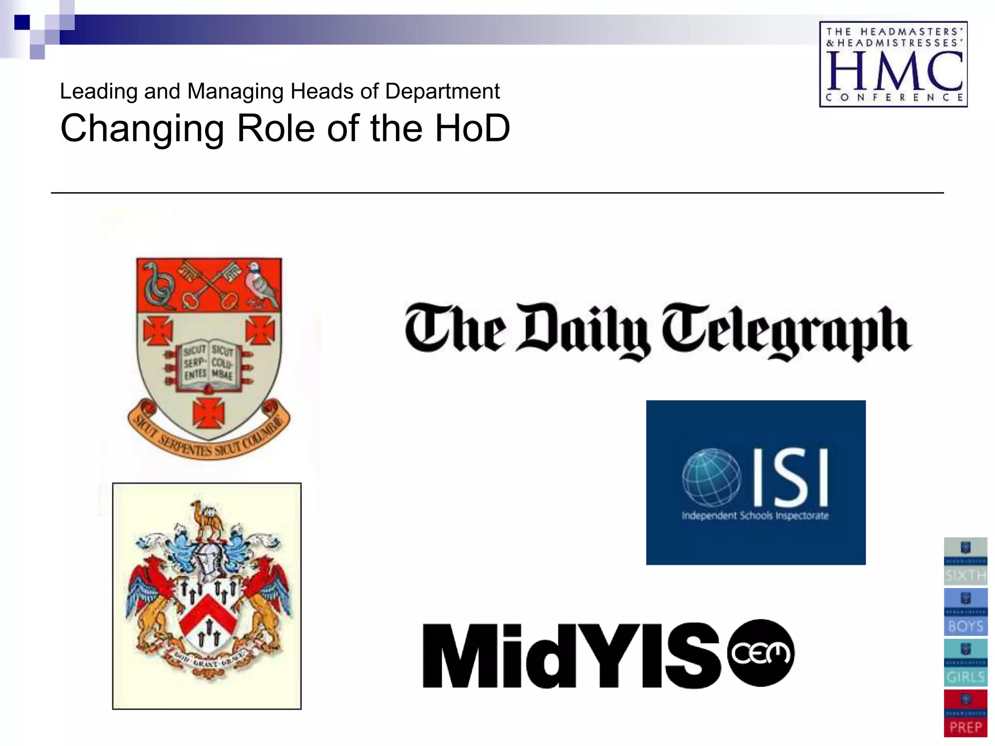Leading and Managing Heads of Department
Changing Role of the HoD
 