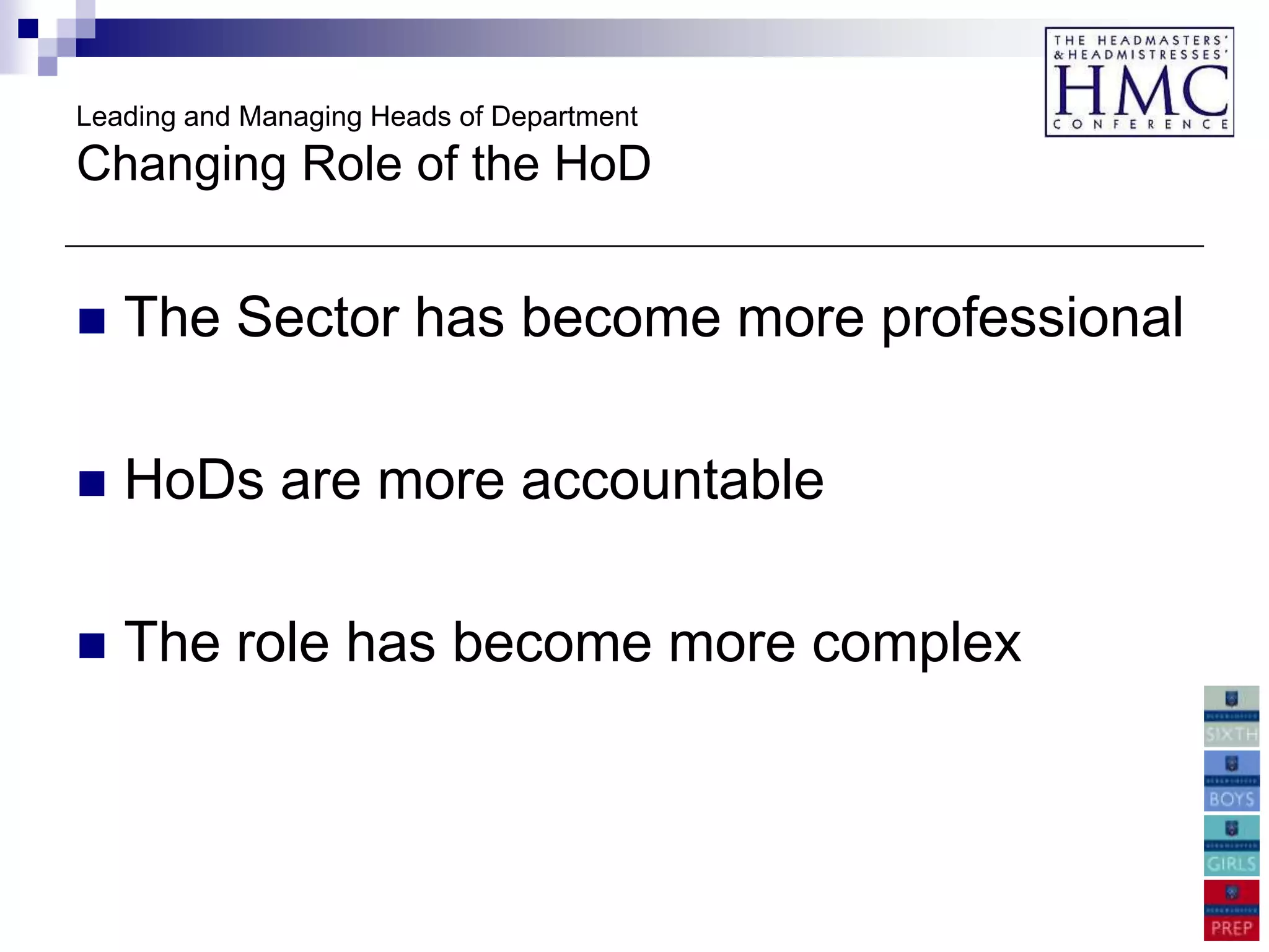 Leading and Managing Heads of Department
Changing Role of the HoD


   The Sector has become more professional

   HoDs are more accountable

   The role has become more complex
 