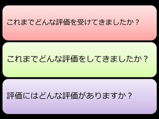 これまでどんな評価を受けてきましたか？




これまでどんな評価をしてきましたか？



評価にはどんな評価がありますか？
 