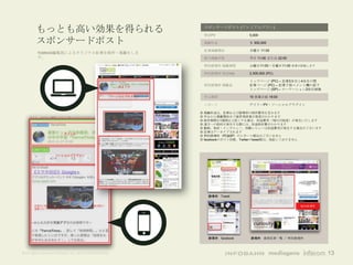 もっとも高い効果を得られる                                                スポンサードポスト (プレミアムプラン)
                                                                     想定PV            5,000

        スポンサードポスト                                                    掲載料金            ￥ 300,000

                                                                     記事掲載開始          月曜日 11:00
         TOBROID編集部によるオリジナル記事を制作・掲載をしま
         す。                                                          最大掲載本数          平日 11:00 または 22:00

                                                                     特別誘導枠 掲載期間      火曜日11:00〜月曜日11:00 ※多少前後します

                                                                     特別誘導枠 想定imp     2,300,000 (PC)

                                                                                     トップページ (PC) – 記事3本目と4本目の間
                                                         タイトル        特別誘導枠 掲載面       記事ページ (PC) – 記事下部コメント欄の直下
                                                                                     トップページ (SP) – ローテーション2枚目画像

                                                       ソーシャルプラグイン    申込期限            15 営業日前 18:00

                                                                     レポート            デイリーPV・ソーシャルプラグイン

                                                                    ※ 掲載料金は、記事および誘導枠の制作費用を含みます
                                                                    ※ 申込から掲載開始まで通常15営業日程度がかかります
                                                        メインビジュアル    ※ 制作期間を1週間以上短くする場合、別途費用（10万円程度）が発生いたします
                                                  トップページに表示される画像    ※ 遠方への取材が発生する際には、別途取材費がかかります
                                                                    ※ 動画、取材・インタビュー、体験レビューは別途費用が発生する場合がございます
                                                                    ※ 記事はアーカイブされます
                         タイトル
                                                                    ※ 特別誘導枠（PC&SP）のレポート提出はございません
                                                                    ※ facebookのポスト回数、Twitterのtweet数は、保証しておりません



                                                          本文
                   ソーシャルプラグイン
                                               テキストと画像によって構成されま
                                               す。画像素材は複数点の掲載が可能で
                                               す。動画エンベッドコードをご用意い
                                               ただければ記事中に動画を掲載するこ
                                               とも可能です。




                                                                                                 最新記事

                                                                      誘導枠 Tweet
                          記事

       記事内に掲載されるメインビジュアルとテキスト、画像はPCで                                                                      特別誘導枠
       掲載されている内容と同一です。




                                                                      誘導枠 facebook   誘導枠 最新記事一覧 ／ 特別誘導枠



©All rights reserved Infobahn Inc. 2013 CONFIDENTIAL                                                              13
 