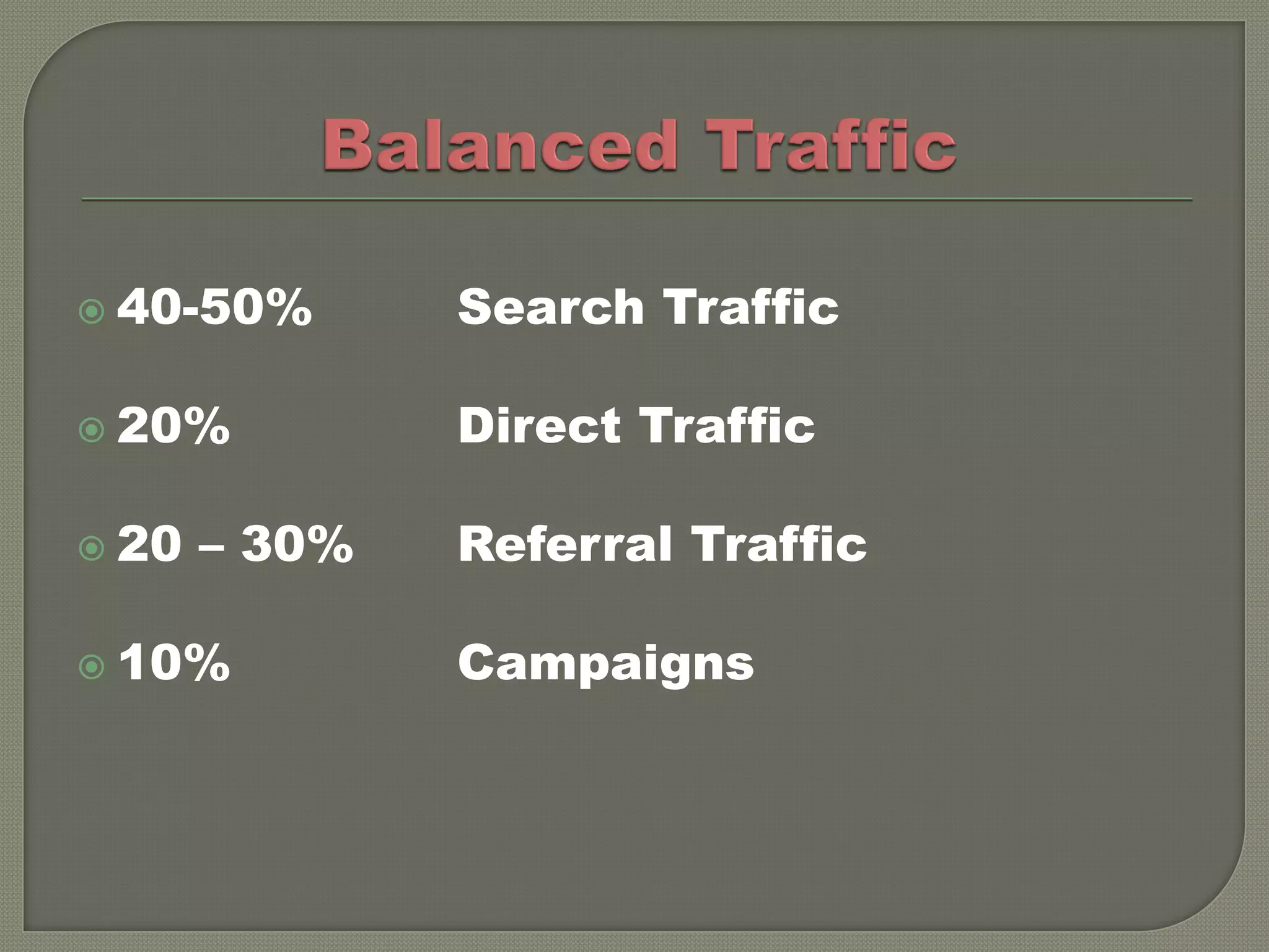  40-50%       Search Traffic

 20%          Direct Traffic

 20   – 30%   Referral Traffic

 10%          Campaigns
 