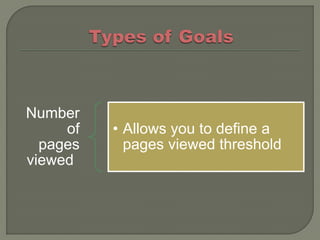 Number
     of   • Allows you to define a
  pages     pages viewed threshold
viewed
 