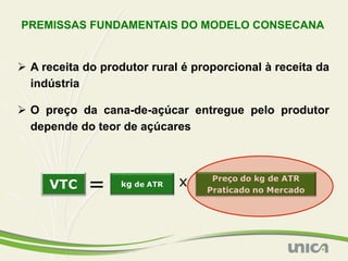 PREMISSAS FUNDAMENTAIS DO MODELO CONSECANA


Ø  A receita do produtor rural é proporcional à receita da
    indústria

Ø  O preço da cana-de-açúcar entregue pelo produtor
    depende do teor de açúcares
 