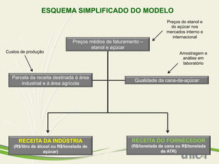 ESQUEMA SIMPLIFICADO DO MODELO
                                                                         Preços do etanol e
                                                                           do açúcar nos
                                                                         mercados interno e
                                                                            internacional
                                Preços médios de faturamento –
                                        etanol e açúcar
Custos de produção                                                             Amostragem e
                                                                                análise em
                                                                                laboratório


  Parcela da receita destinada à área
                                                          Qualidade da cana-de-açúcar
      industrial e à área agrícola




      RECEITA DA INDÚSTRIA                               RECEITA DO FORNECEDOR
   (R$/litro de álcool ou R$/tonelada de                 (R$/tonelada de cana ou R$/tonelada
                   açúcar)                                             de ATR)
 