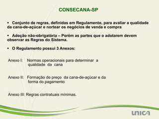 CONSECANA-SP

§  Conjunto de regras, definidas em Regulamento, para avaliar a qualidade
da cana-de-açúcar e nortear os negócios de venda e compra

§  Adoção não-obrigatória – Porém as partes que o adotarem devem
observar as Regras do Sistema.

§  O Regulamento possui 3 Anexos:


Anexo I:   Normas operacionais para determinar a
           qualidade da cana


Anexo II: Formação do preço da cana-de-açúcar e da
          forma do pagamento


Anexo III: Regras contratuais mínimas.
 